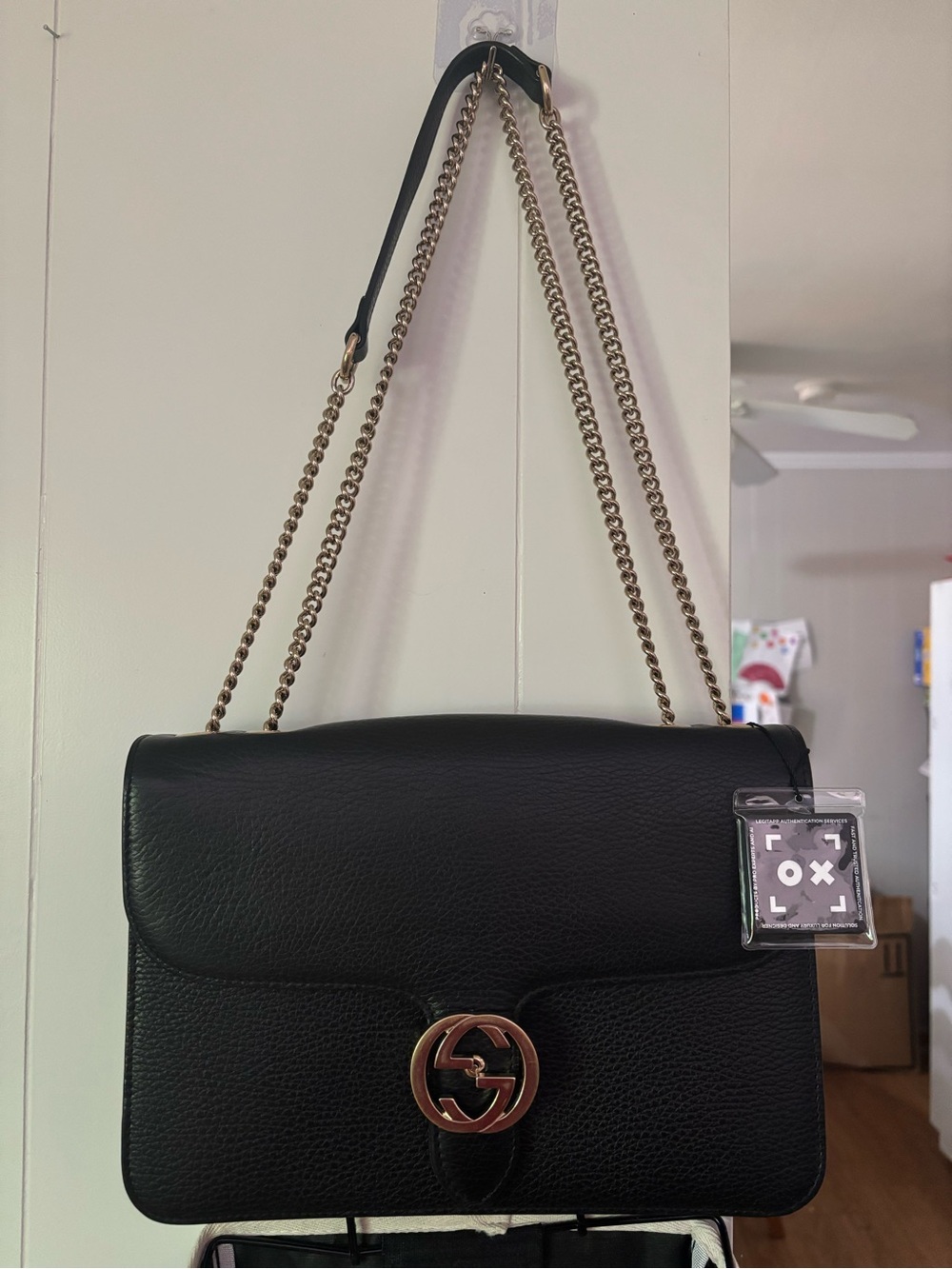 Gucci Black Shoulder Bag with Gold Chain and Logo
